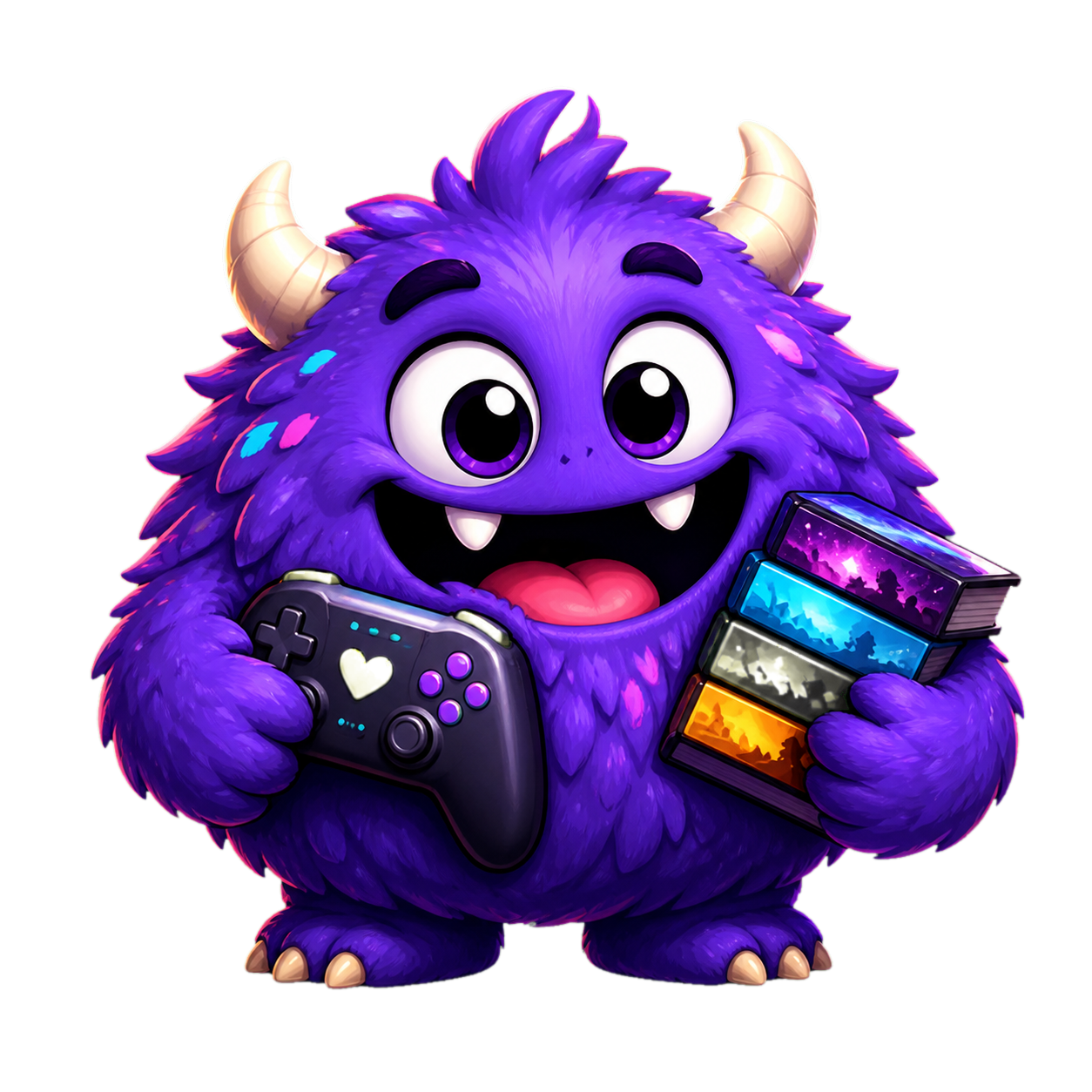 El monstruo morado de Backlog Monster con un mando y una pila de juegos